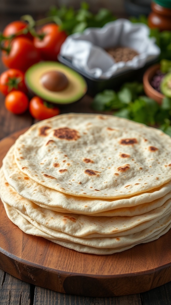 Homemade Tortilla Recipe Freshly made tortillas stacked on a wooden table with colorful ingredients in the background.